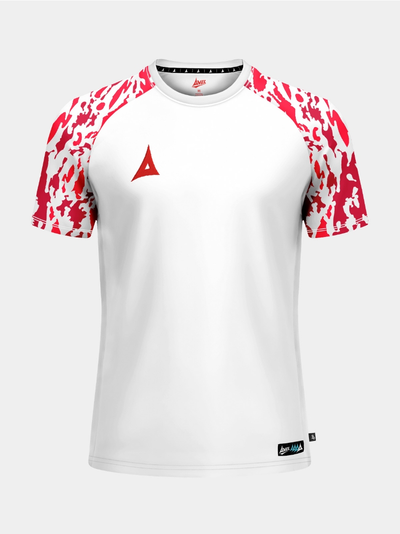 Front-facing shot of the White and Red Classic Pro Jersey, featuring a crisp white torso and high-contrast red camo sleeves.