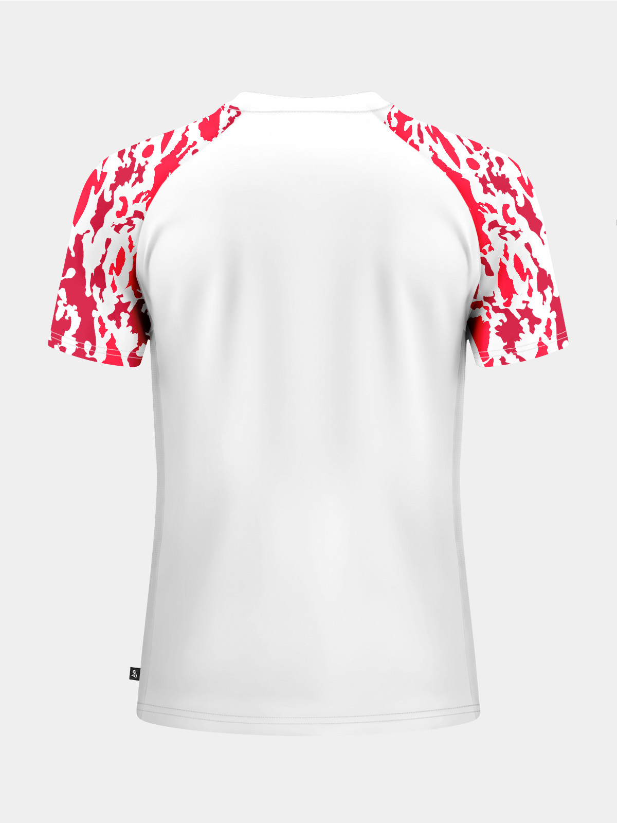 rear perspective of the white and red jersey, showing the solid white back designed for player customisation.