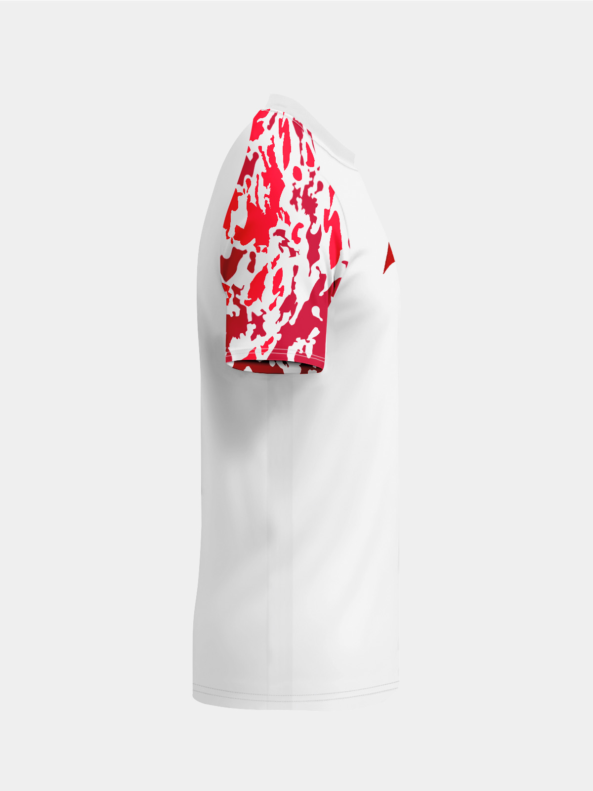 right side view showing the streamlined pro-fit and contrast sleeve transition on the white and red jersey.