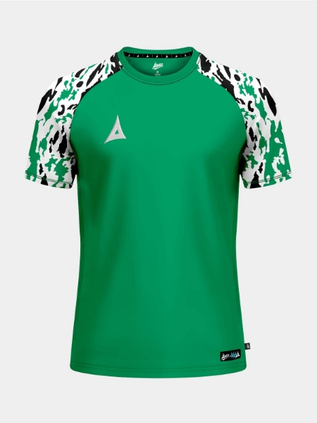 Front-facing shot of the Green Classic Pro Jersey with a bold green torso and tonal camo-effect sleeves