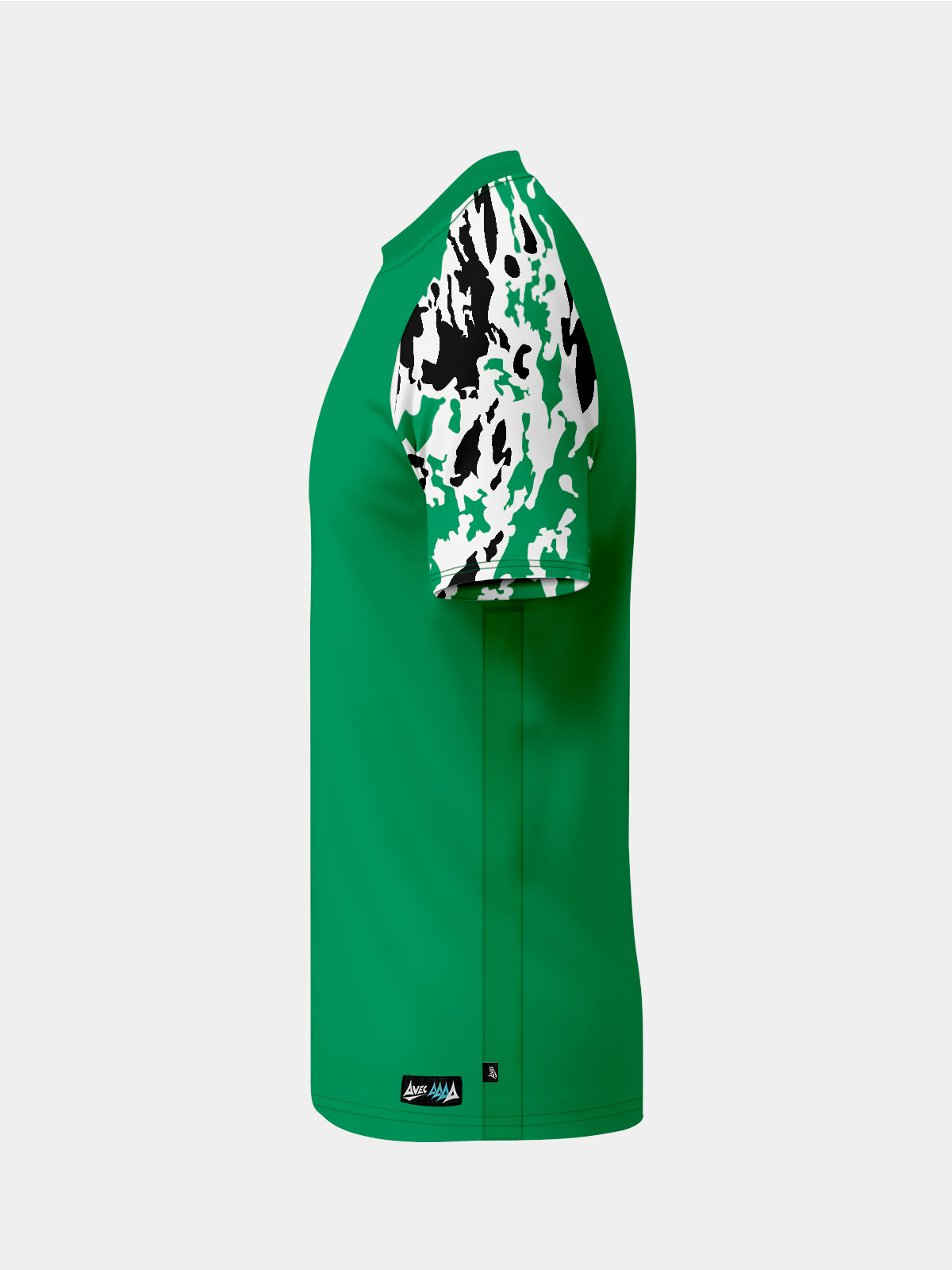 left profile of the green jersey showcasing the integrated mesh inserts for enhanced moisture management.