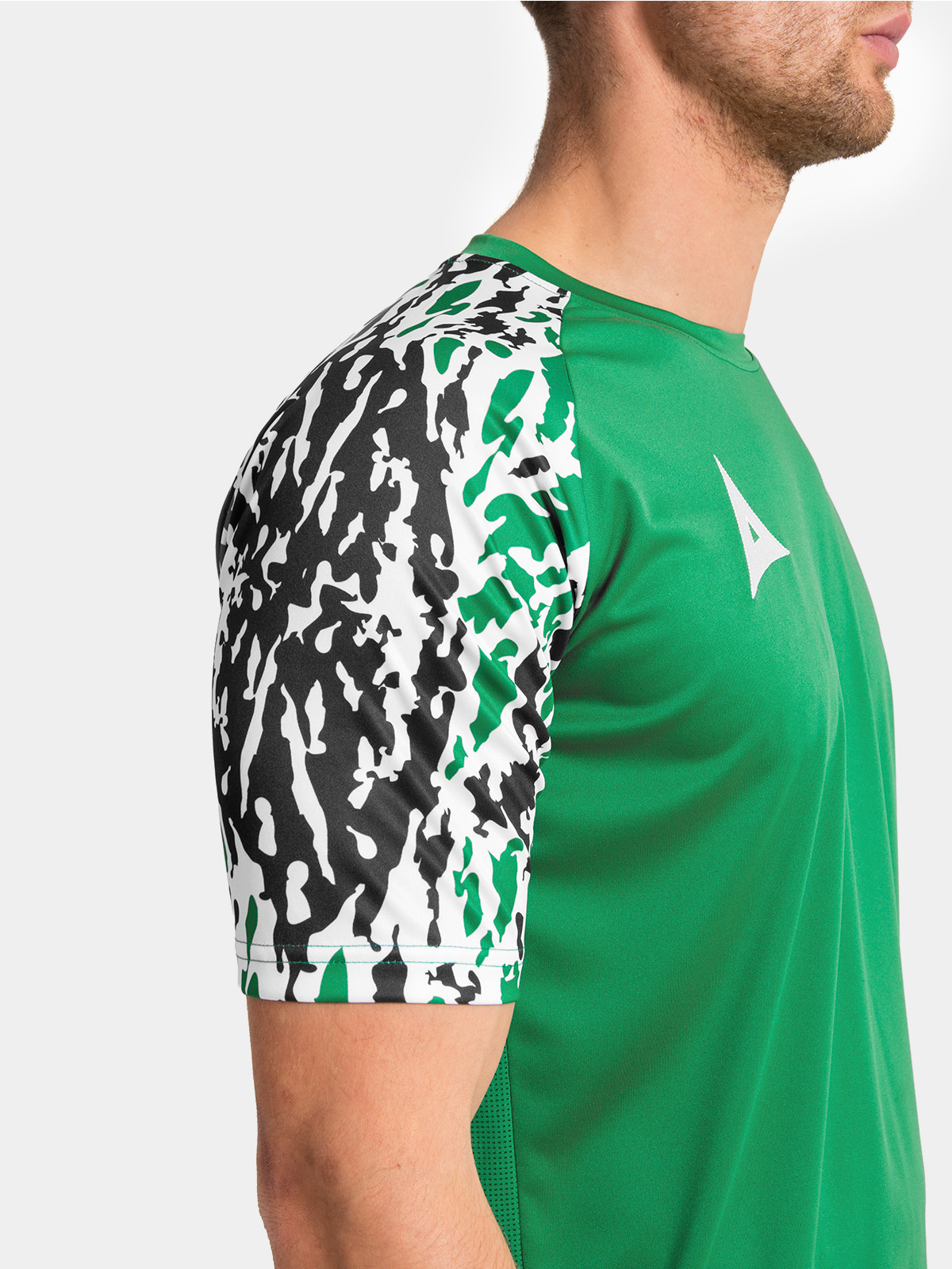 detailed perspective of the tonal green sublimated camo pattern on the classic pro sleeves.