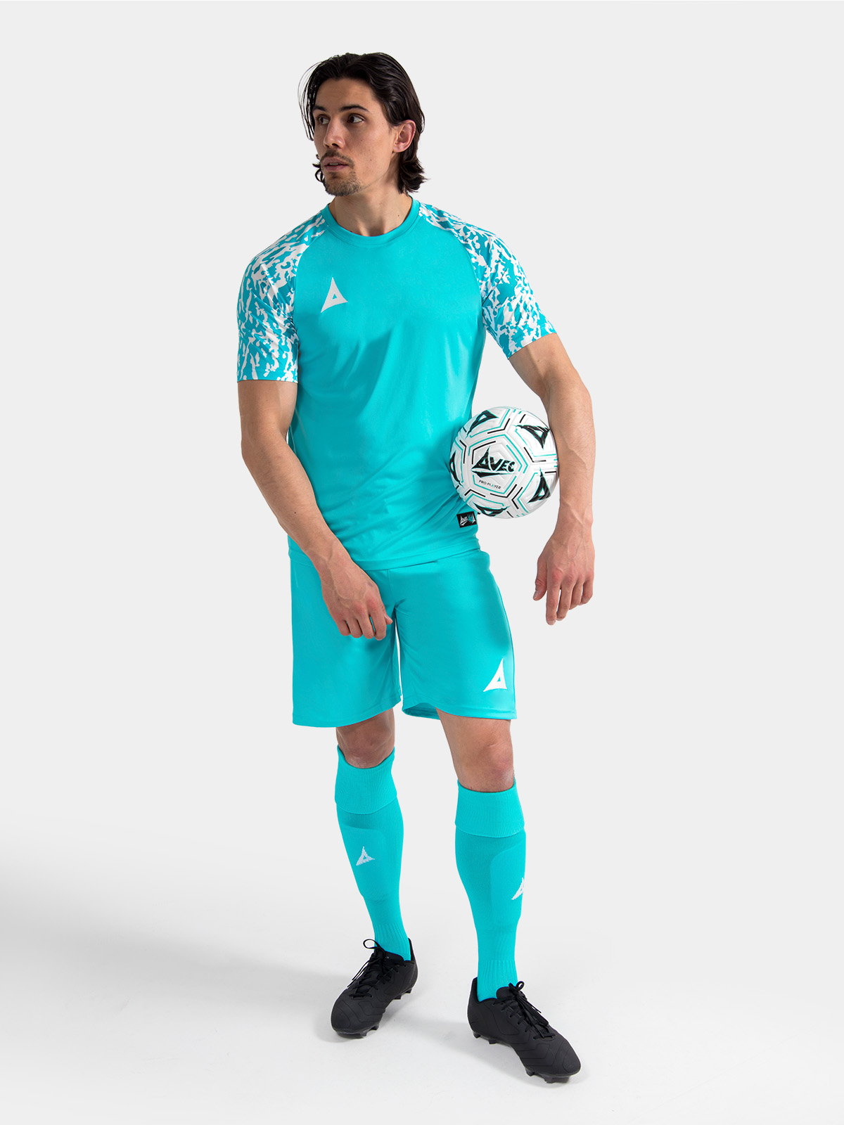 complete hyper blue matchday kit on-model, demonstrating a unified and professional on-pitch aesthetic.