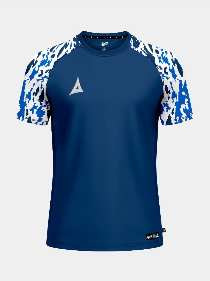 Front view of the Navy Classic Pro Jersey, showcasing the deep navy torso and technical camo graphics.