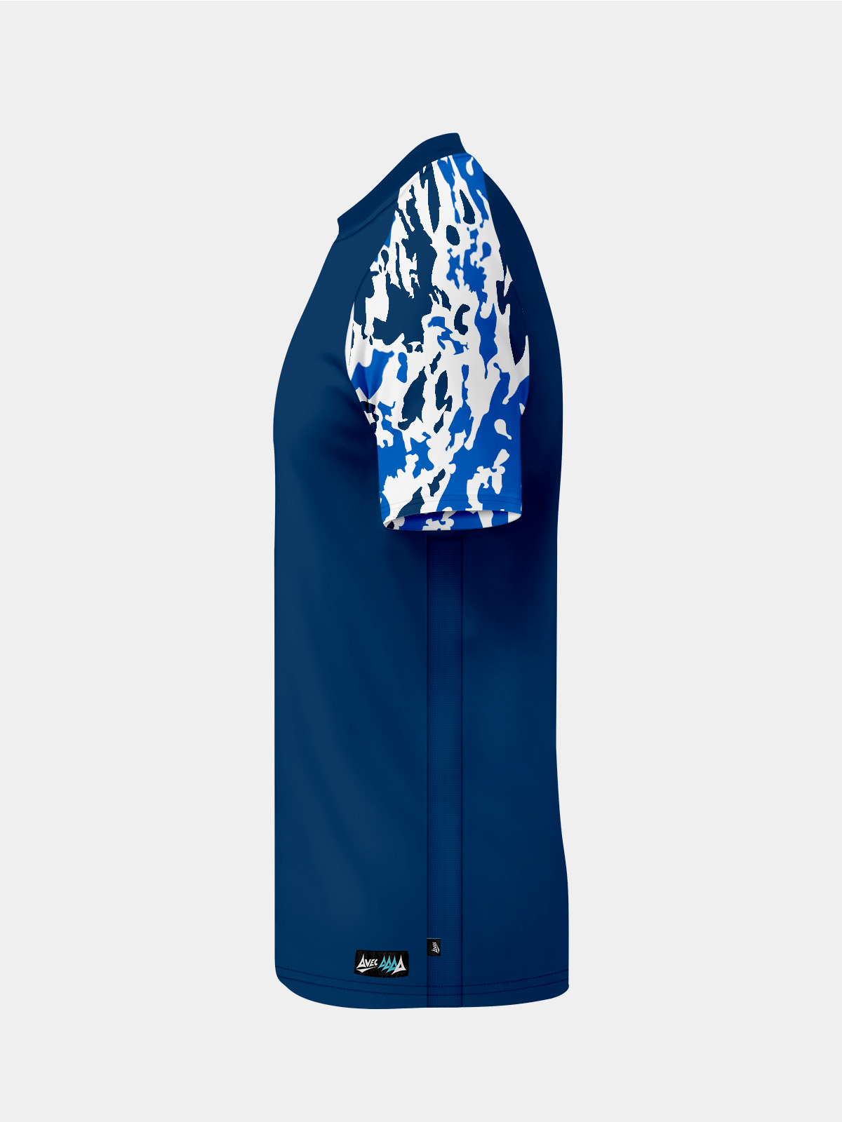 left side shot of the navy jersey highlighting the tonal mesh side panels for temperature regulation.