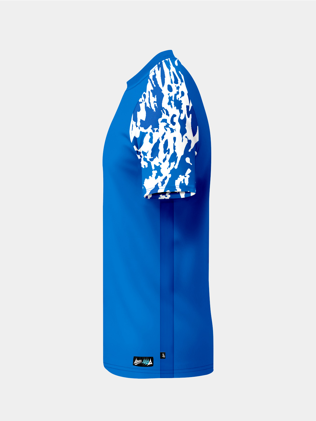 left profile of the royal blue jersey highlighting the ventilation mesh and technical fabric construction.