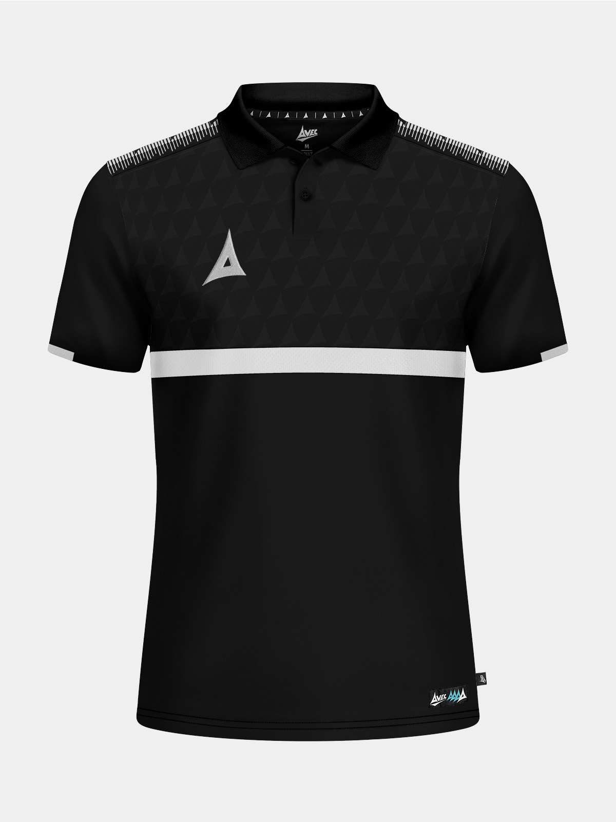 front view of the black evolve pro tech polo, featuring a smart flat knit collar and subtle debossed front panel