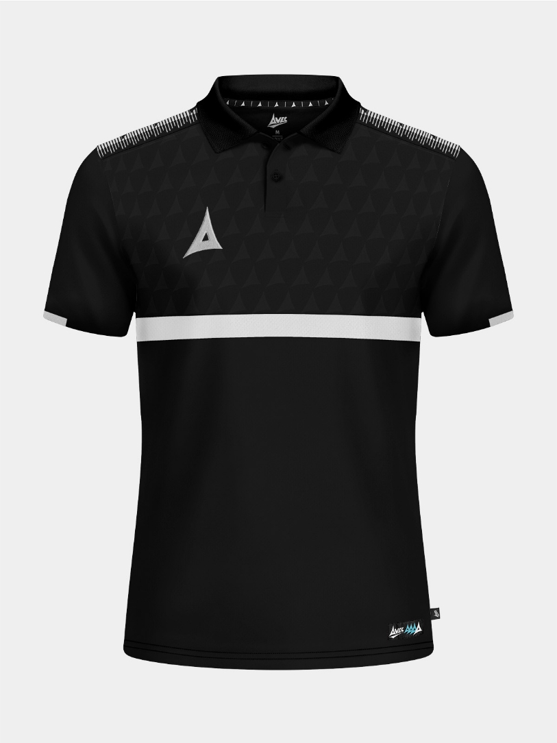 Front view of the Black Evolve Pro Tech Polo, featuring a smart flat knit collar and subtle debossed front panel