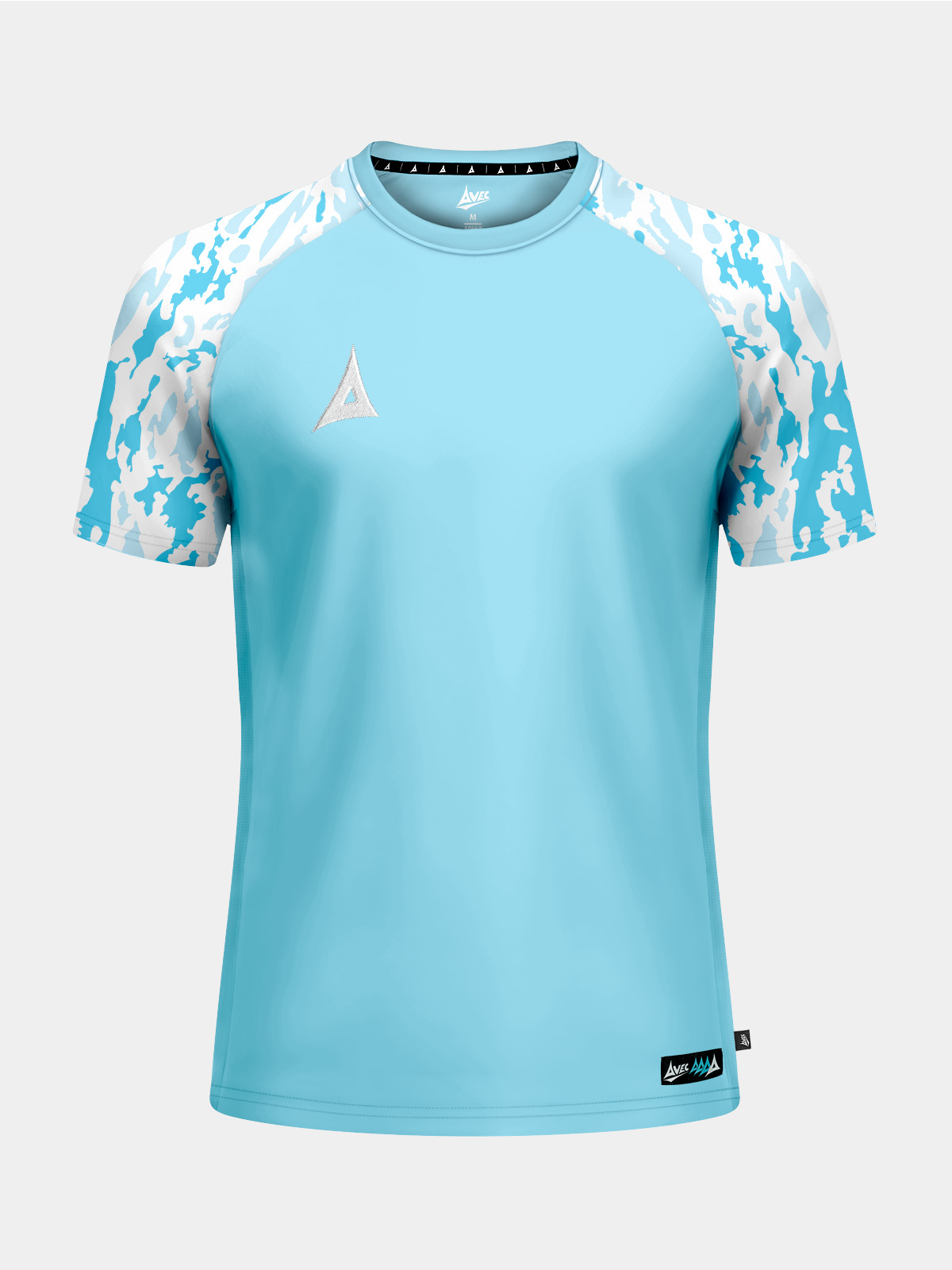 front view: front-facing shot of the hyper sky classic pro jersey, featuring a vibrant sky blue torso and dynamic camo-patterned sleeves