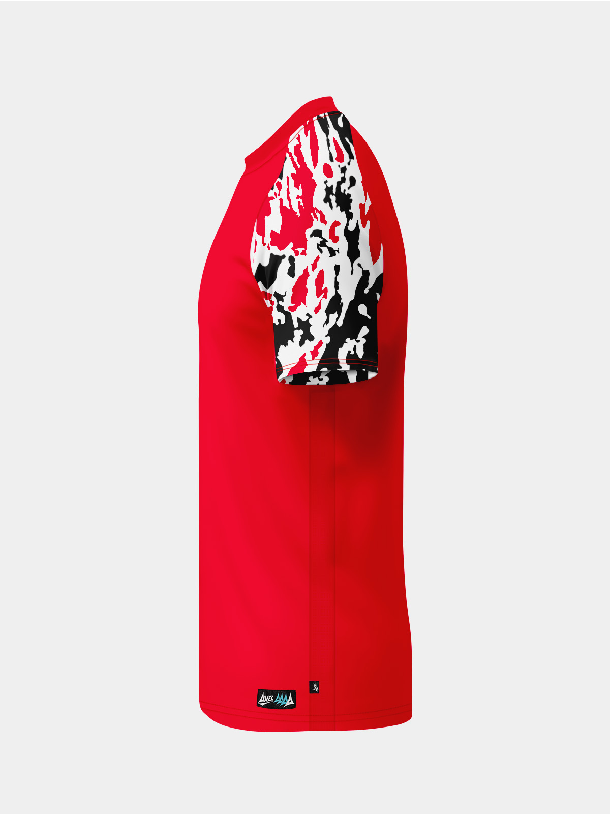 side perspective of the red jersey highlighting the ventilation mesh and technical fabric build.