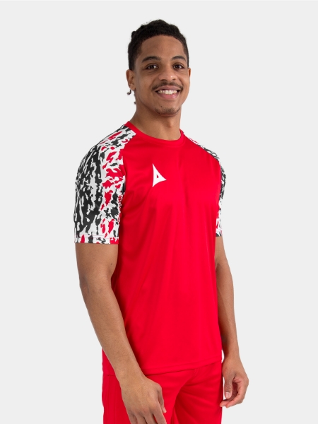 Upper body view of a model wearing the Red Classic Pro Jersey, showcasing the athletic performance fit.