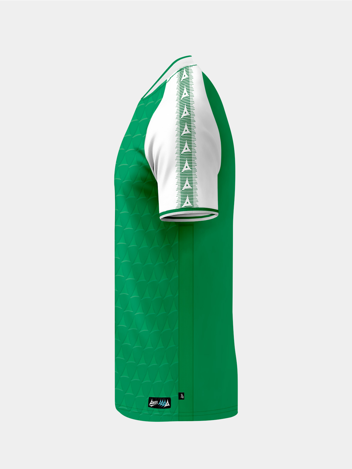	left side profile of the green heritage jersey highlighting the repeating debossed fabric texture.