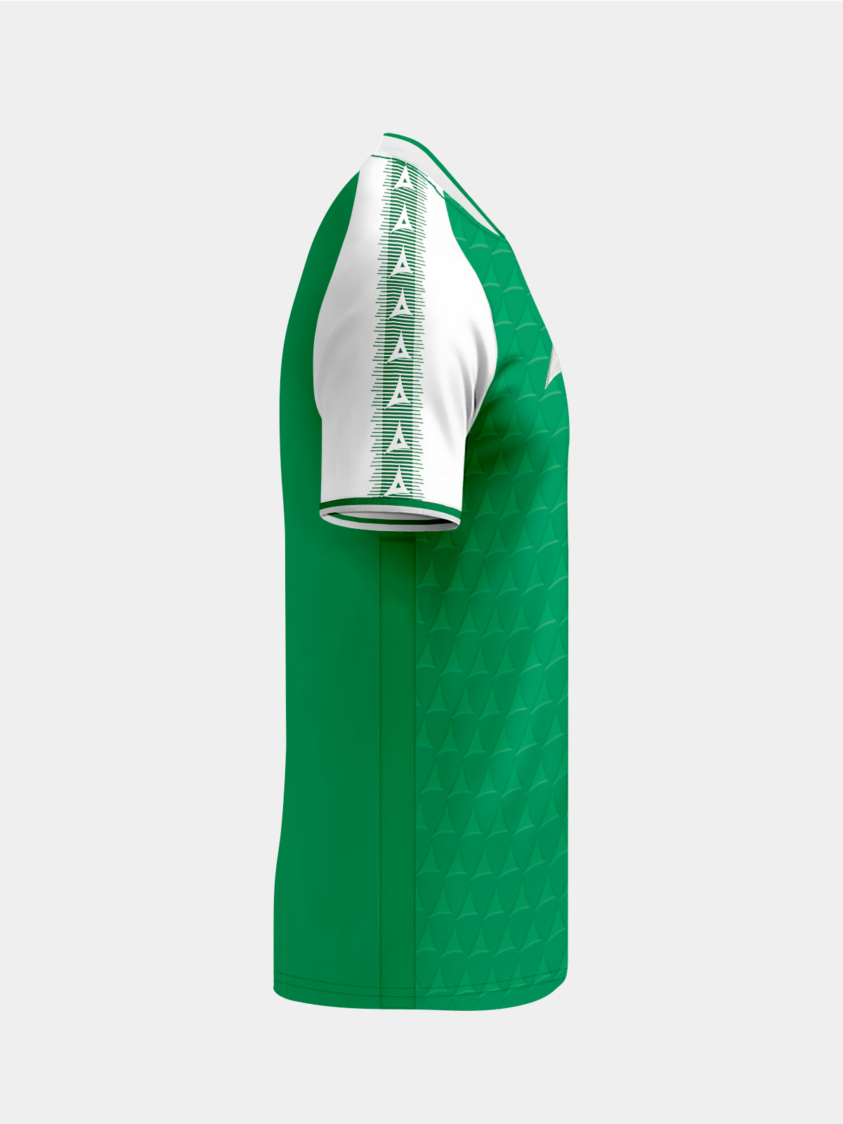 right side view of the green and white heritage jersey focusing on the signature sleeve stripes.