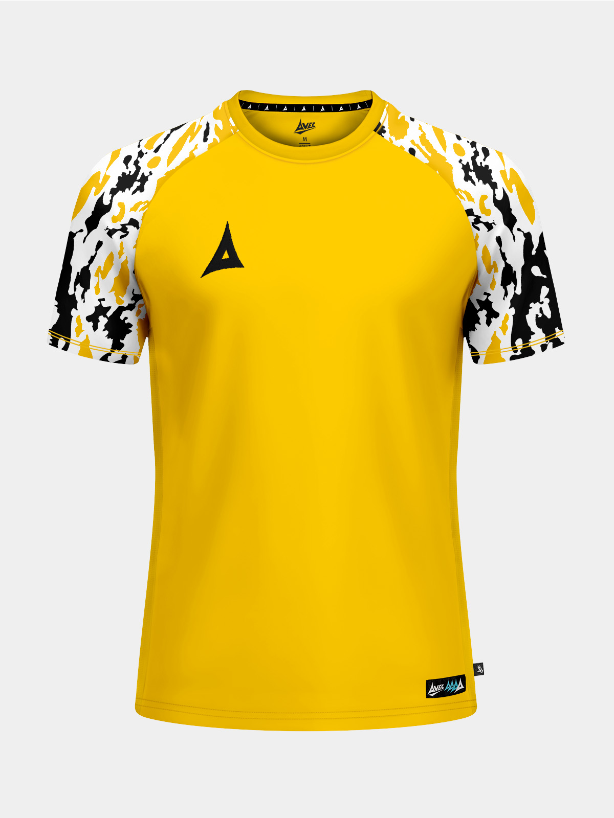 front view of the high-visibility yellow classic pro jersey, featuring a vibrant yellow torso and tonal camo-patterned sleeves.