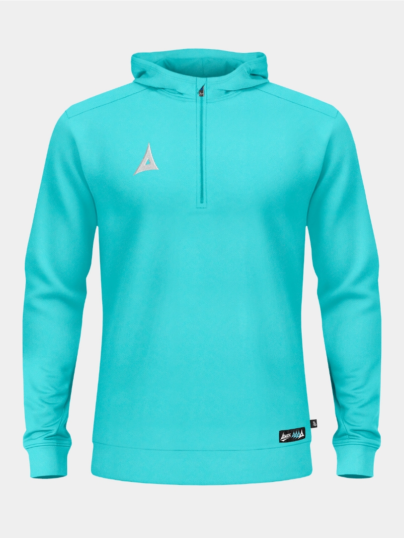 Front view of the Hyper Blue Focus 2 QZ Hoody, featuring a 1/4 zip neckline, integrated hood, and embroidered Heritage 'A' logo.