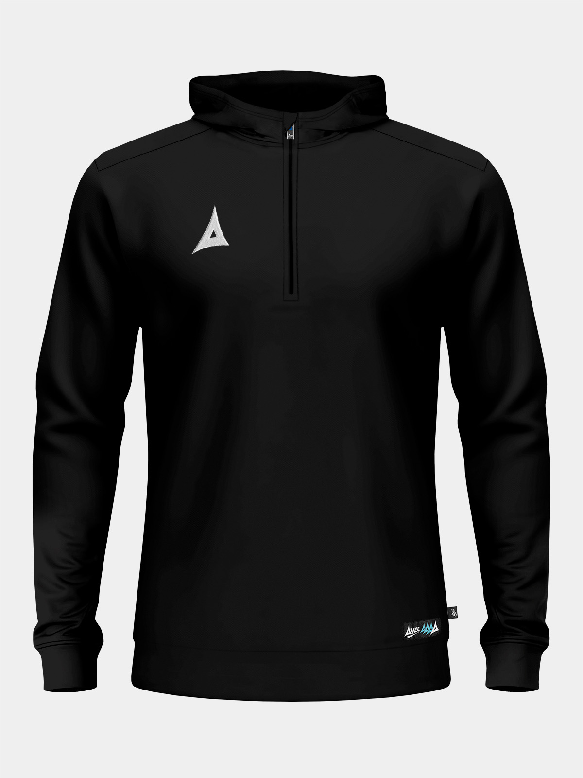 front view of the black focus 2 qz hoody, a core training essential with a quarter-zip front and embroidered branding.