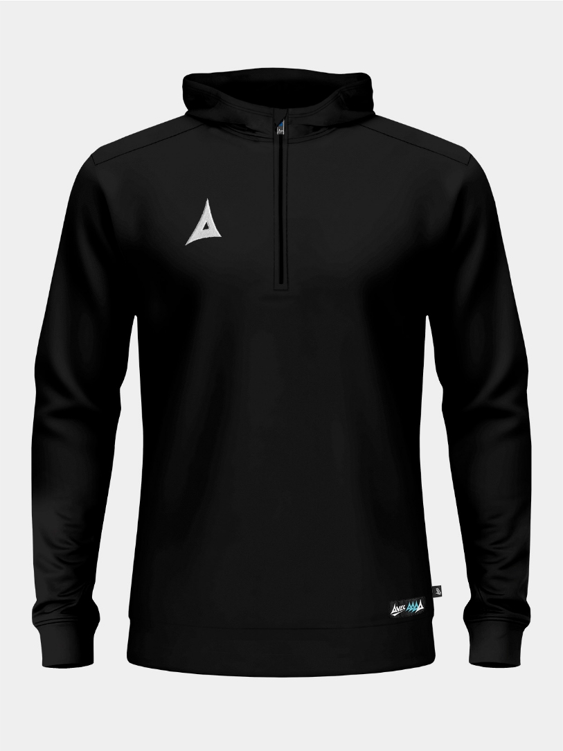 Front view of the Black Focus 2 QZ Hoody, a core training essential with a quarter-zip front and embroidered branding.