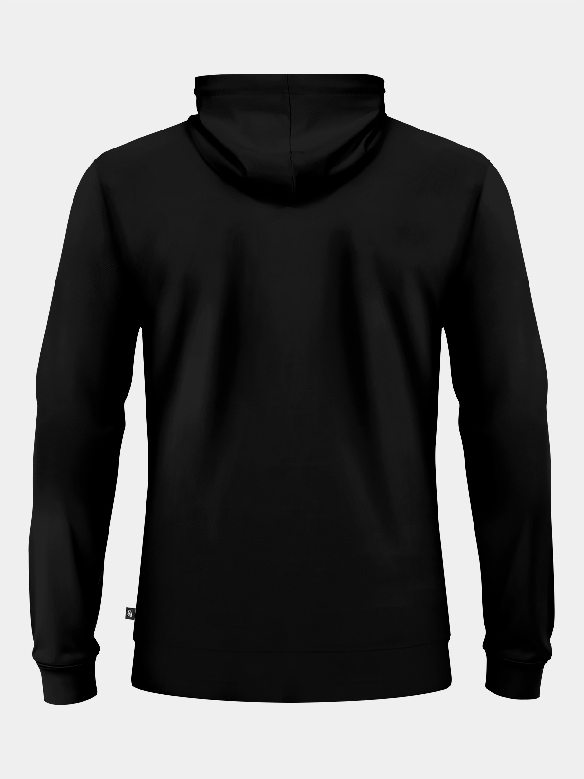 back view of the black focus 2 essentials hoody, highlighting the durable 88% polyester 12% elastane construction.