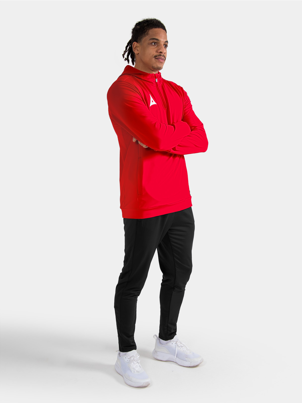 full red training kit on-model, featuring the focus 2 qz hoody as a bold and professional layer.