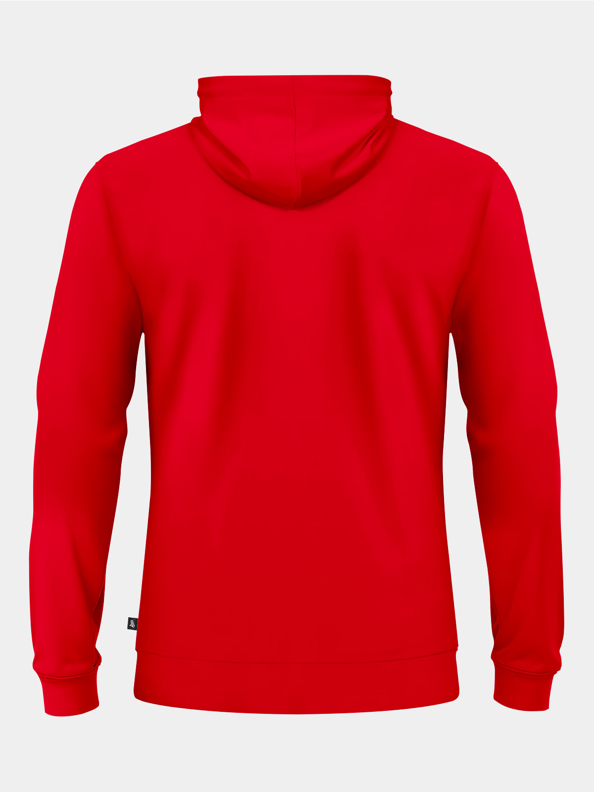 rear view of the red focus 2 essentials hoody, showcasing the durable and flexible performance material.