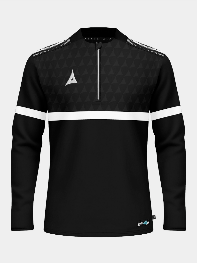 Front view of the Black Evolve Pro Overlay featuring a 1/4 zip, debossed Heritage chest panel, and integrated mesh side panels for ventilation.