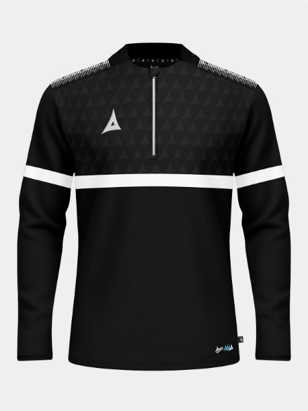 Front view of the Black Evolve Pro Overlay featuring a 1/4 zip, debossed Heritage chest panel, and integrated mesh side panels for ventilation.