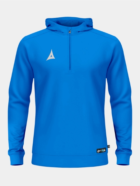 Front shot of the Royal Blue Focus 2 QZ Hoody, featuring the signature 1/4 zip design and technical hood.