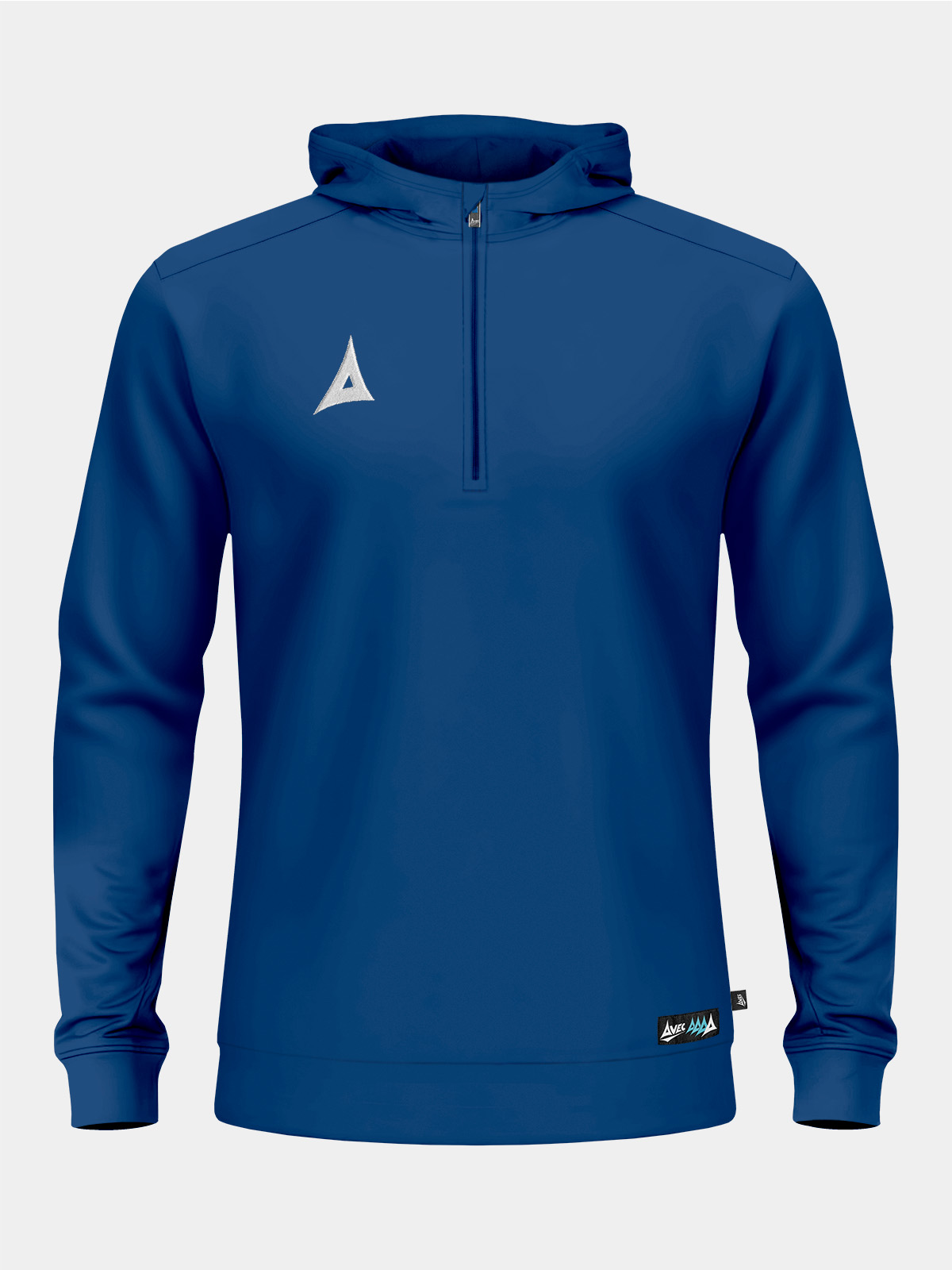 front perspective of the navy focus 2 qz hoody, displaying the traditional quarter-zip collar and embroidered 'a' logo.