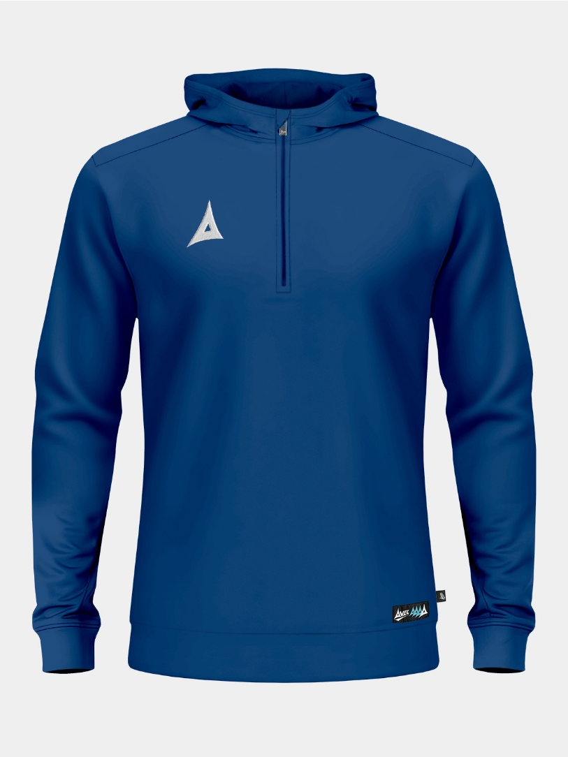 Front perspective of the Navy Focus 2 QZ Hoody, displaying the traditional quarter-zip collar and embroidered 'A' logo.