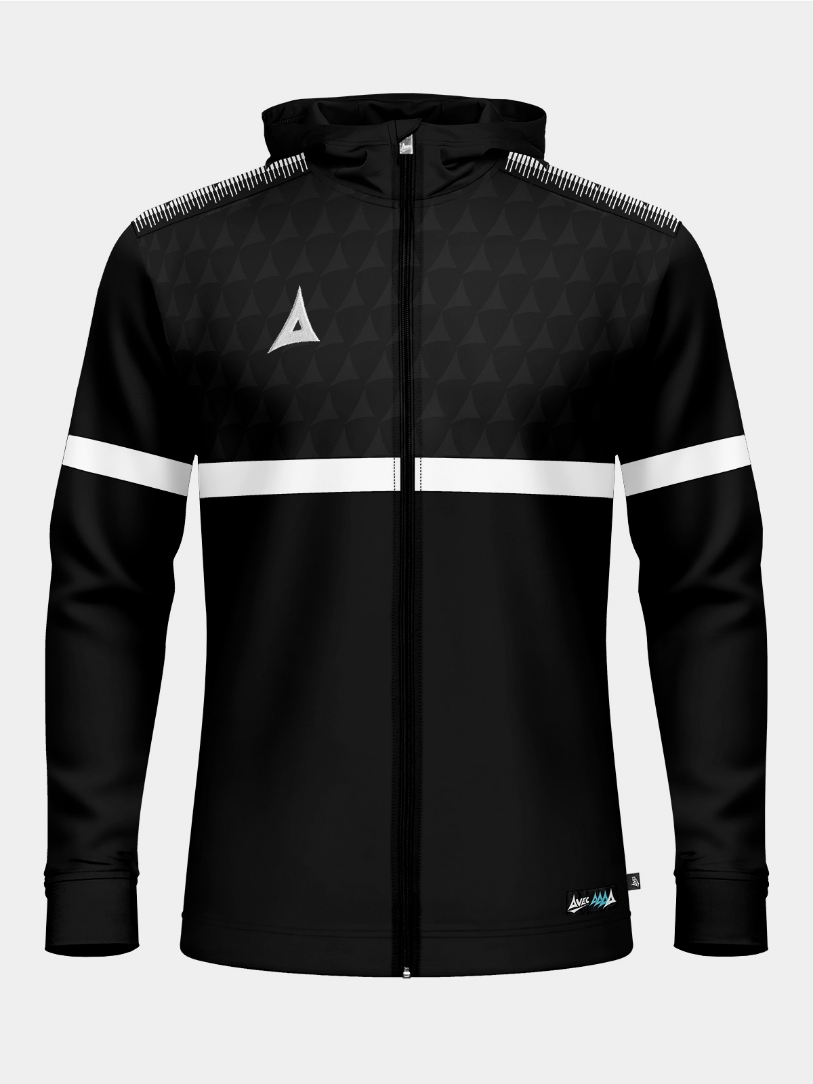 Front view of the Black Evolve Pro FZ Poly Hoodie, featuring a full-zip front, contrast chest panel with debossed 'A' detailing, and athletic fit.