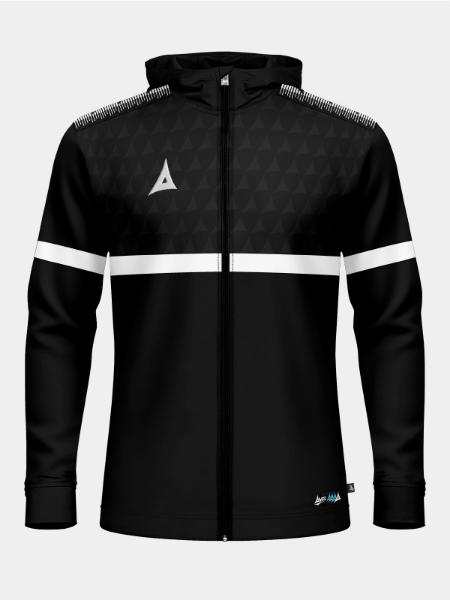 Front view of the Black Evolve Pro FZ Poly Hoodie, featuring a full-zip front, contrast chest panel with debossed 'A' detailing, and athletic fit.