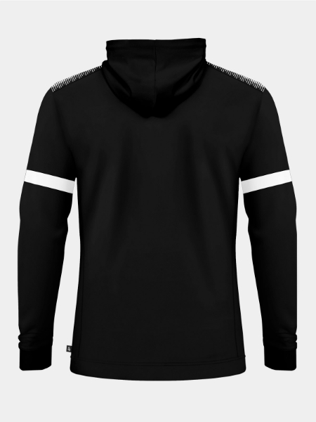 Rear perspective of the Black full-zip hoody, showcasing the streamlined silhouette and 88% Polyester 12% Elastane performance fabric.