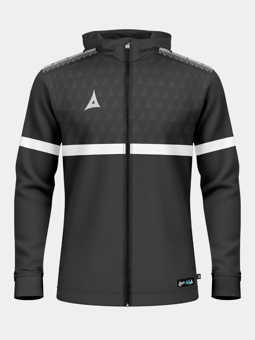 Front view of the Anthracite Dark Grey Evolve Pro FZ Poly Hoodie, highlighting the technical debossed chest graphic and secure zip pockets.