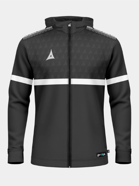 Front view of the Anthracite Dark Grey Evolve Pro FZ Poly Hoodie, highlighting the technical debossed chest graphic and secure zip pockets.