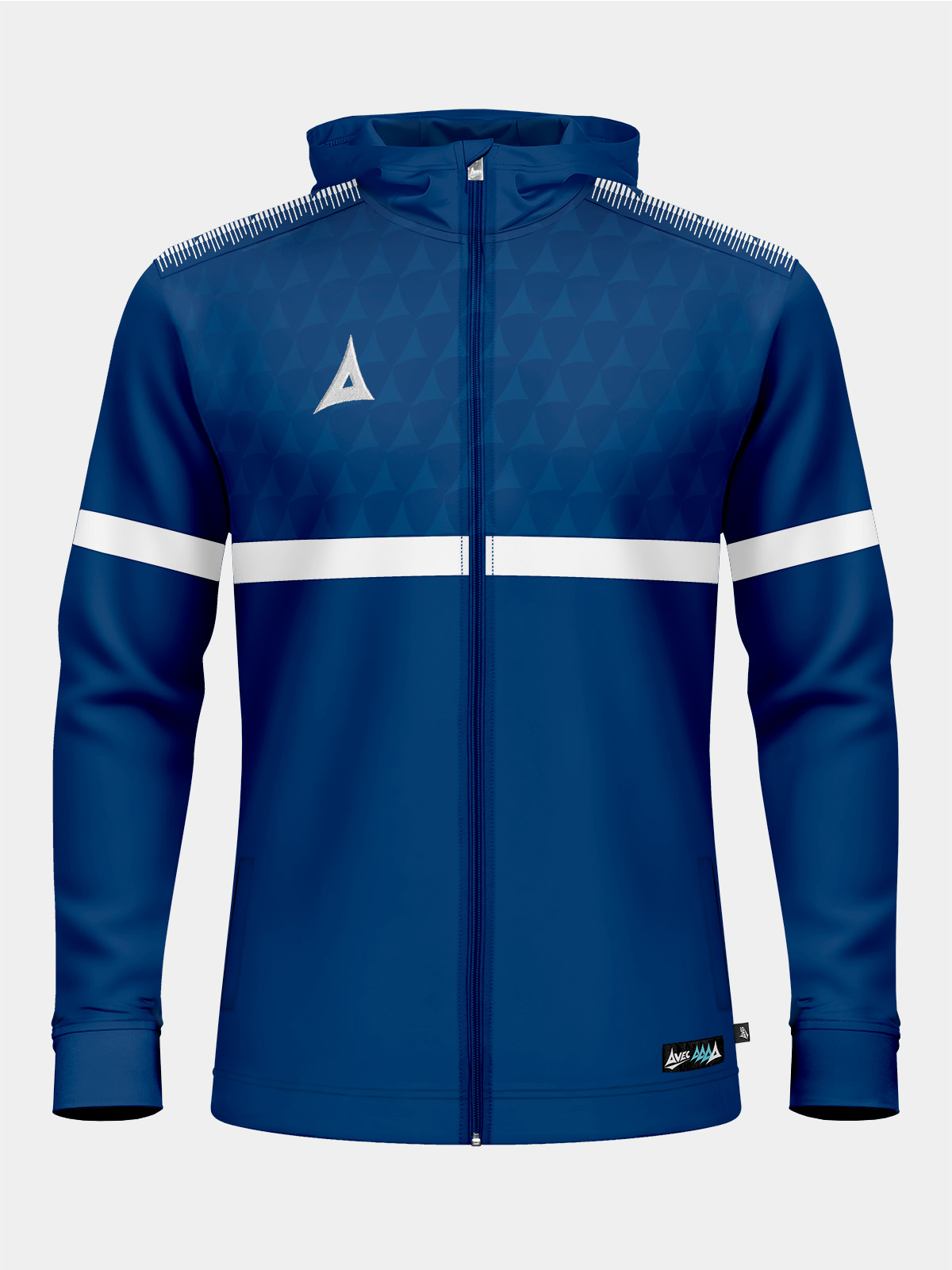 front-facing shot of the navy evolve pro fz poly hoodie, showcasing the thermal brushed microfibre interior and signature shoulder 'a' taping.