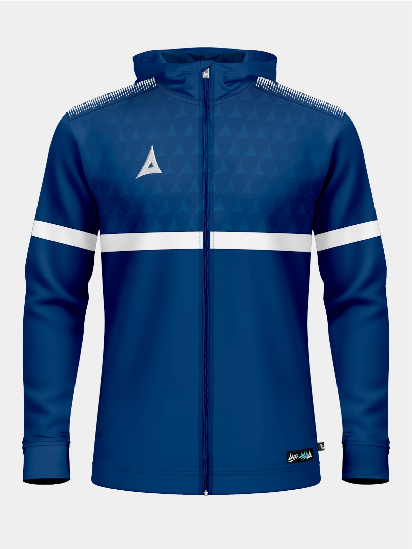 Front-facing shot of the Navy Evolve Pro FZ Poly Hoodie, showcasing the thermal brushed microfibre interior and signature shoulder 'A' taping.