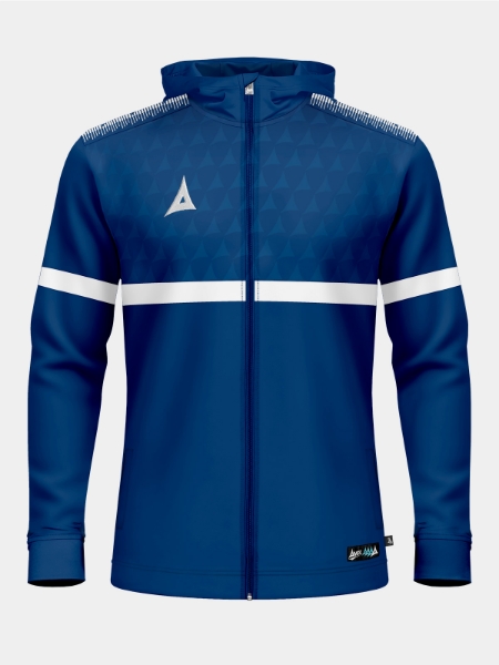 Front-facing shot of the Navy Evolve Pro FZ Poly Hoodie, showcasing the thermal brushed microfibre interior and signature shoulder 'A' taping.