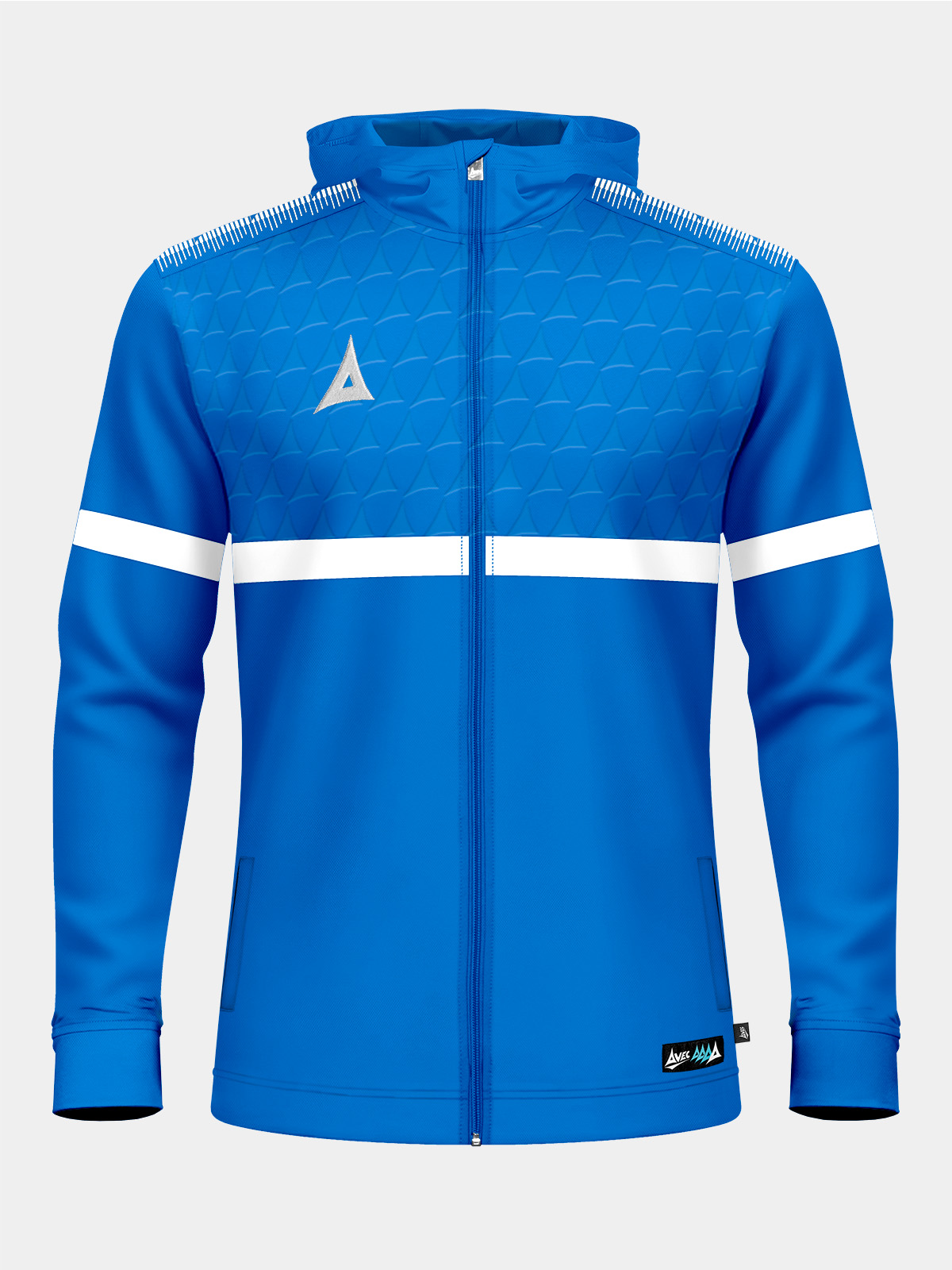 front view of the royal blue evolve pro fz poly hoodie, featuring the contrast debossed heritage 'a' detail and comfortable hood construction.