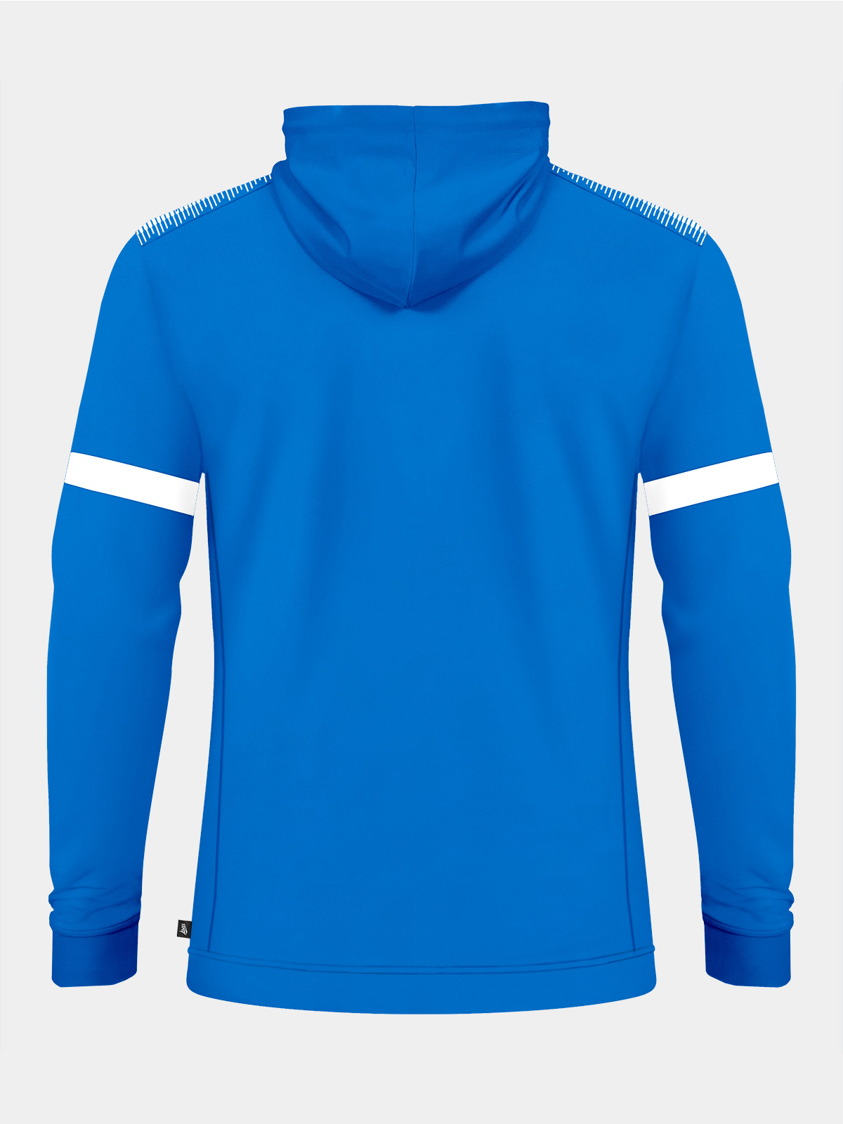 back perspective of the royal blue hoody, illustrating the flexible polyester-elastane blend and elite club aesthetic.