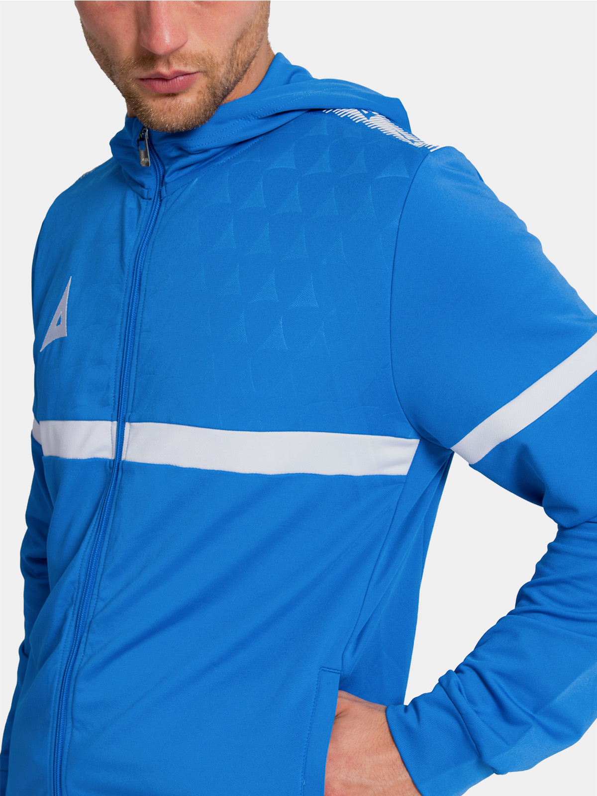 macro view of the royal blue hoody, designed to maintain heat while providing a breathable shield from the wind.