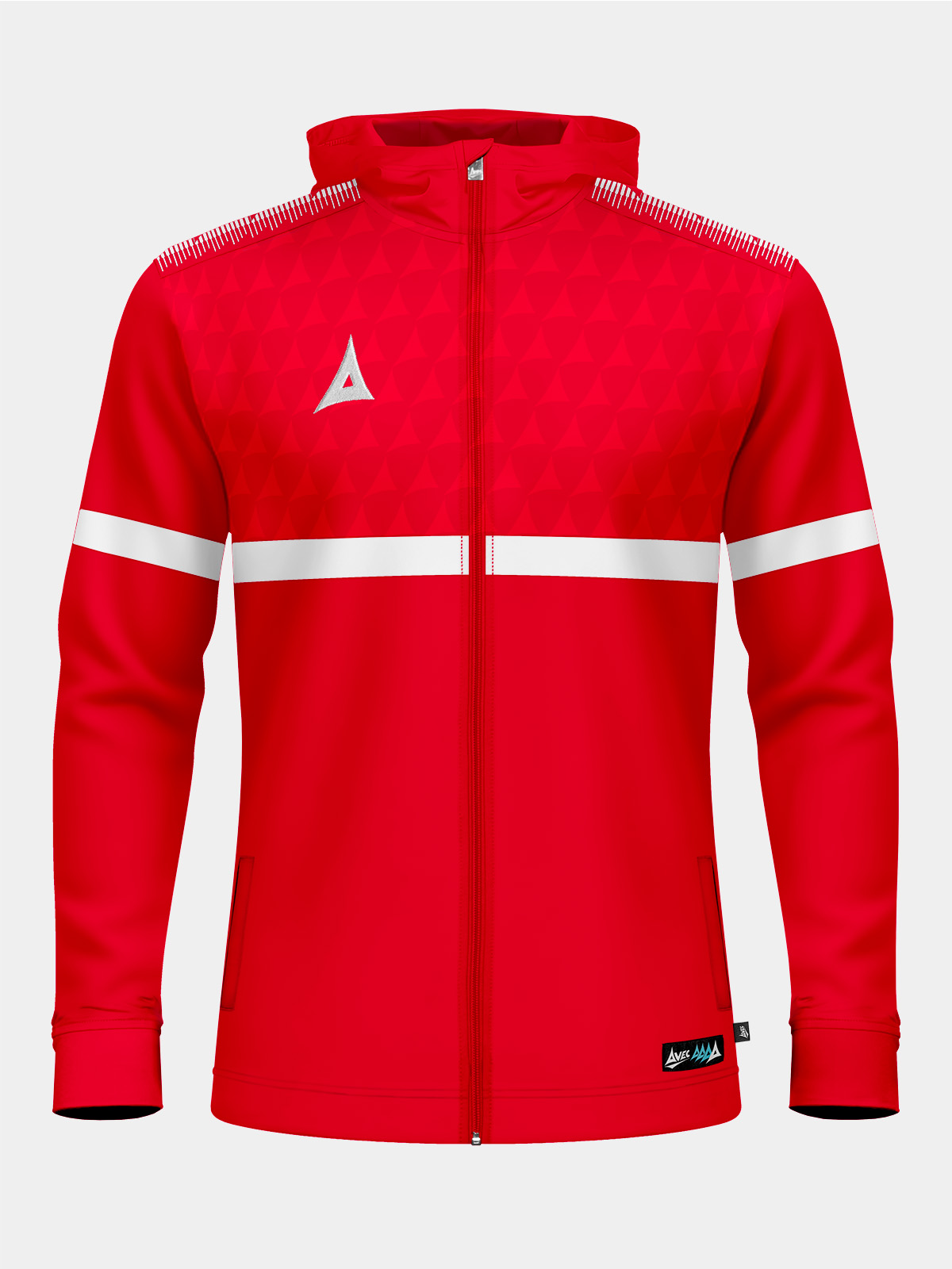 front shot of the red evolve pro fz poly hoodie, displaying the full-zip functionality and soft-touch brushed microfibre lining.
