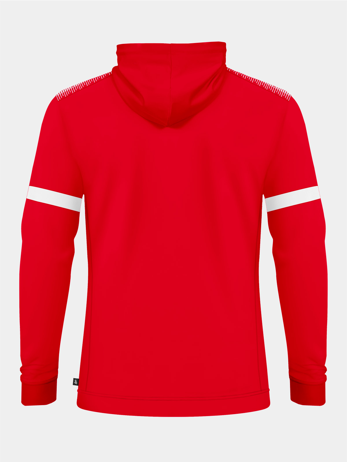 rear view of the red athletic hoody, highlighting the durable construction and signature contrast branding on the shoulders.
