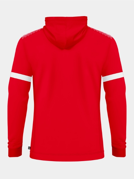 Rear view of the Red athletic hoody, highlighting the durable construction and signature contrast branding on the shoulders.