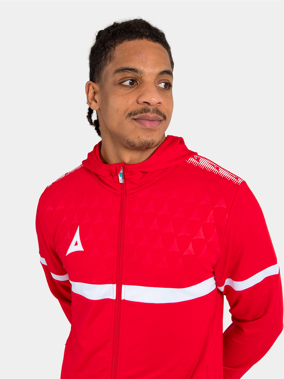 red evolve pro hoody fully zipped, emphasizing the bold club colourway and prestigious shoulder taping