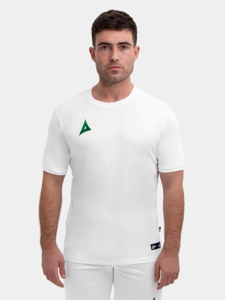 A white shirt with a green logo can be worn with white or green shorts