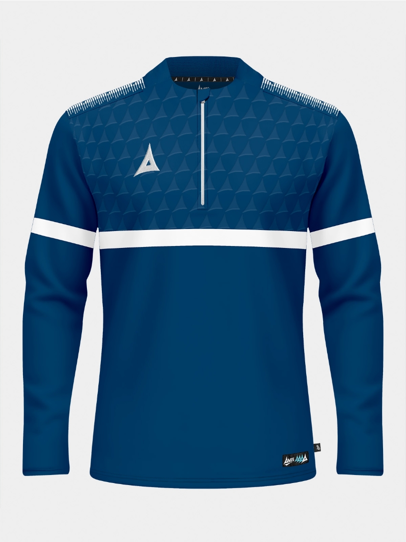 Front view of the Navy Evolve Pro Overlay, featuring the technical 1/4 zip entry and breathable mesh ventilation panels.