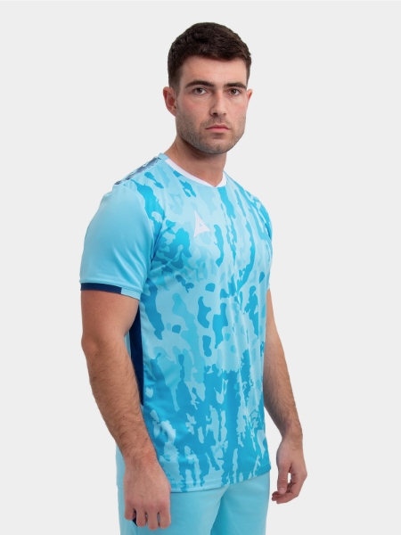 Model wearing a sky and navy Sports football training t-shirt.