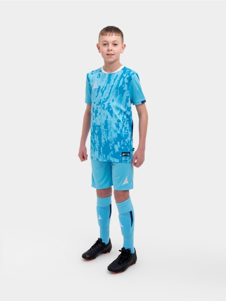 A kids football kit in sky and navy with stripes and matching sky shorts and socks