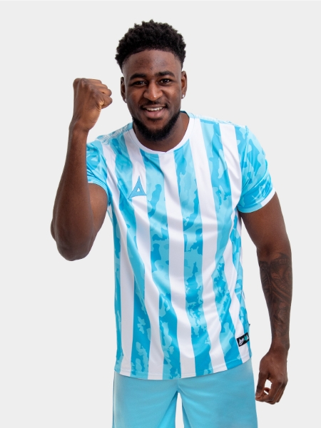 An adult is wearing a Sky Blue and White stripe shirt, which resembles the likes of the Argentina National team. There is a camo pattern within the sky blue elements