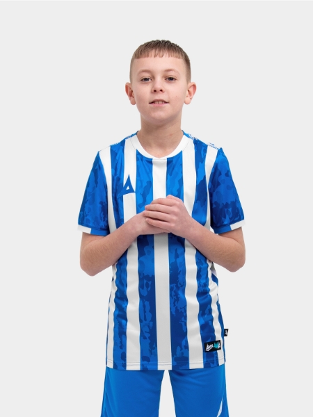 A young child is wearing a Royal Blue and White stripe football shirt with a camo pattern.